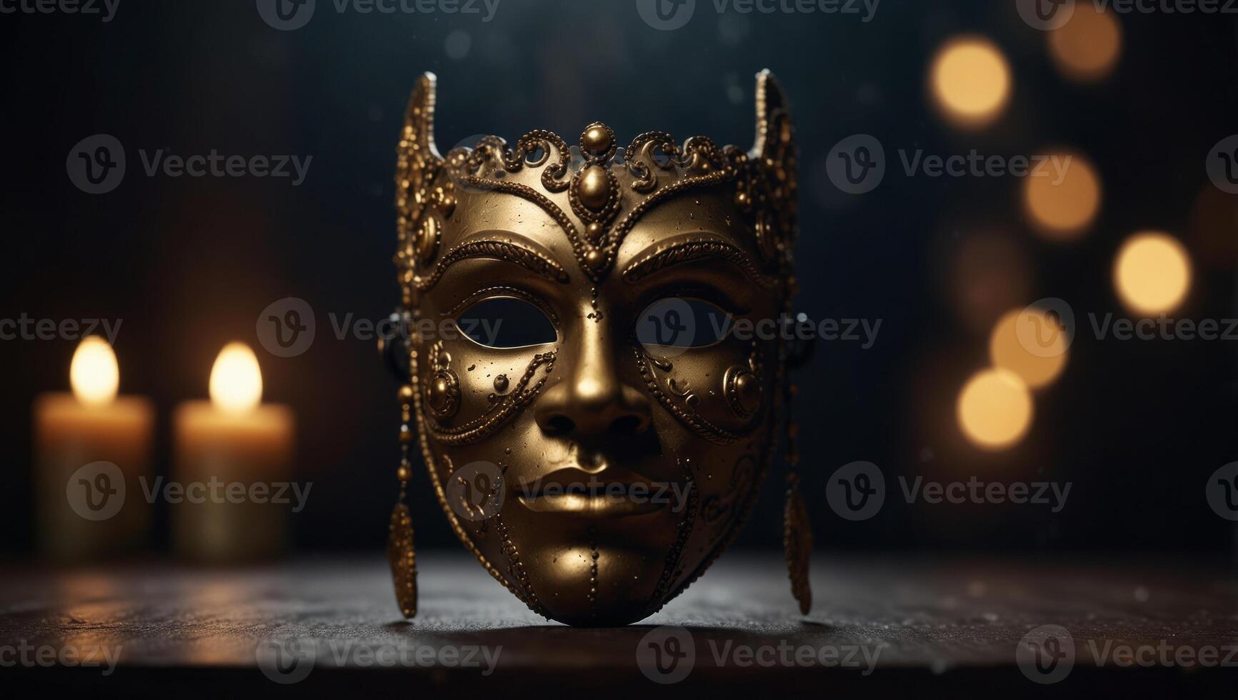 two theatrical masks are good and evil on dark background with copy space. photo