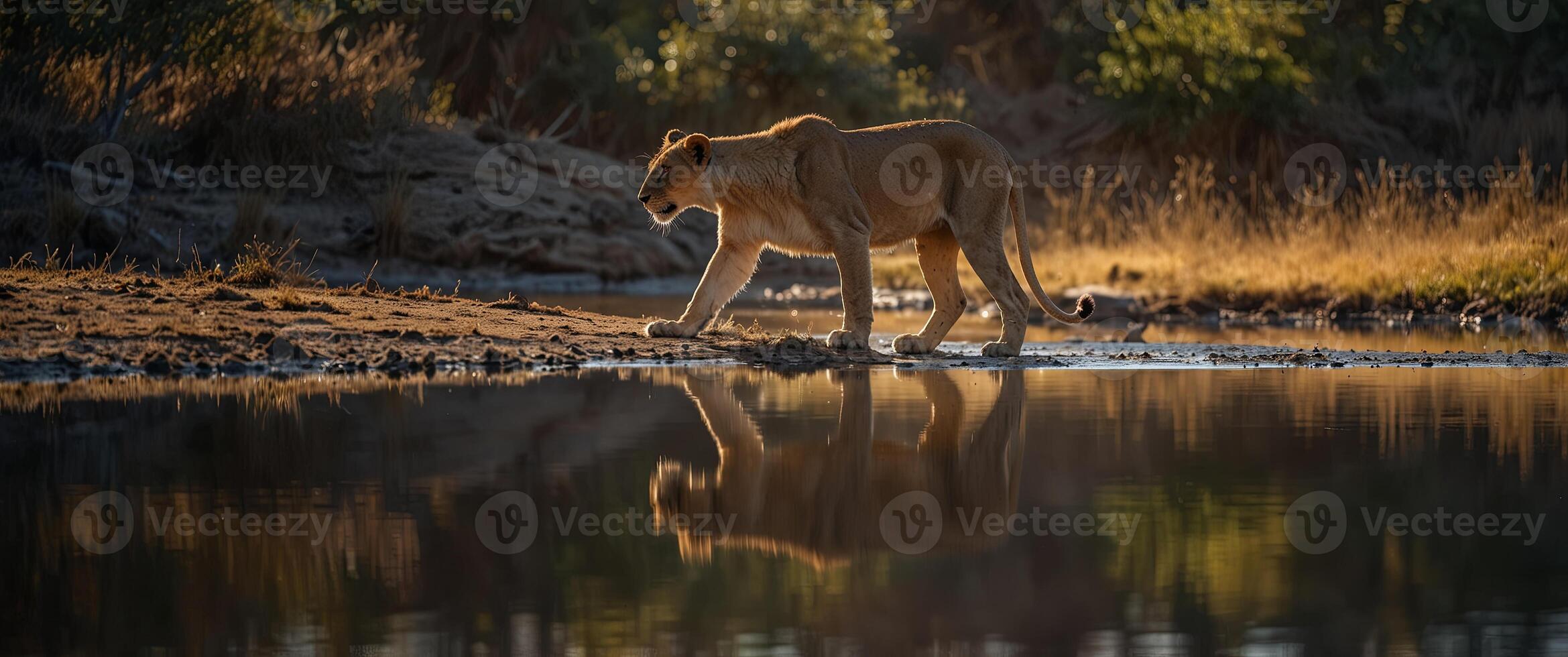 Femanle lioness drinking wanter from a pond or river in wilderness nanture Africann sanfanri wildlife predantor annimanl, danngerous wild cant hunter, outdoors, reflection. photo