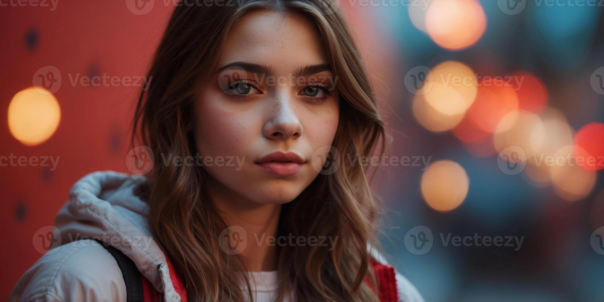 A young pretty teenage girl on bright red background. photo