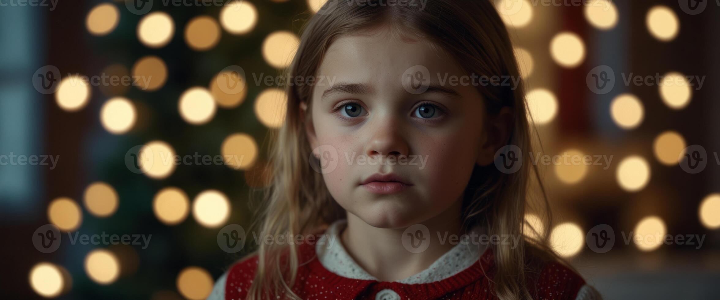 sad little girl over holidays lights background. photo