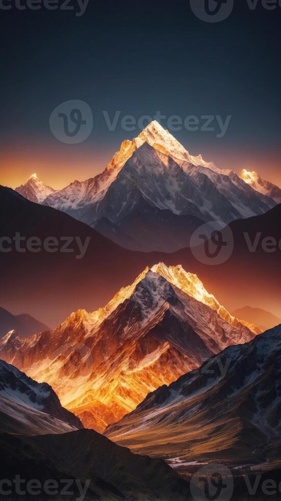A mountain range where the peaks are made of crystal, glowing with inner light. photo