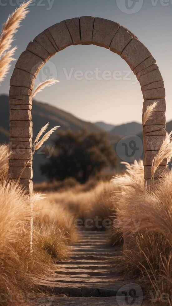 Minimalist Archway with Stone and Pampas Grass. photo