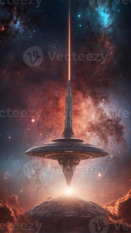 A futuristic space station with glowing corridors overlooking a nebula-filled sky. photo