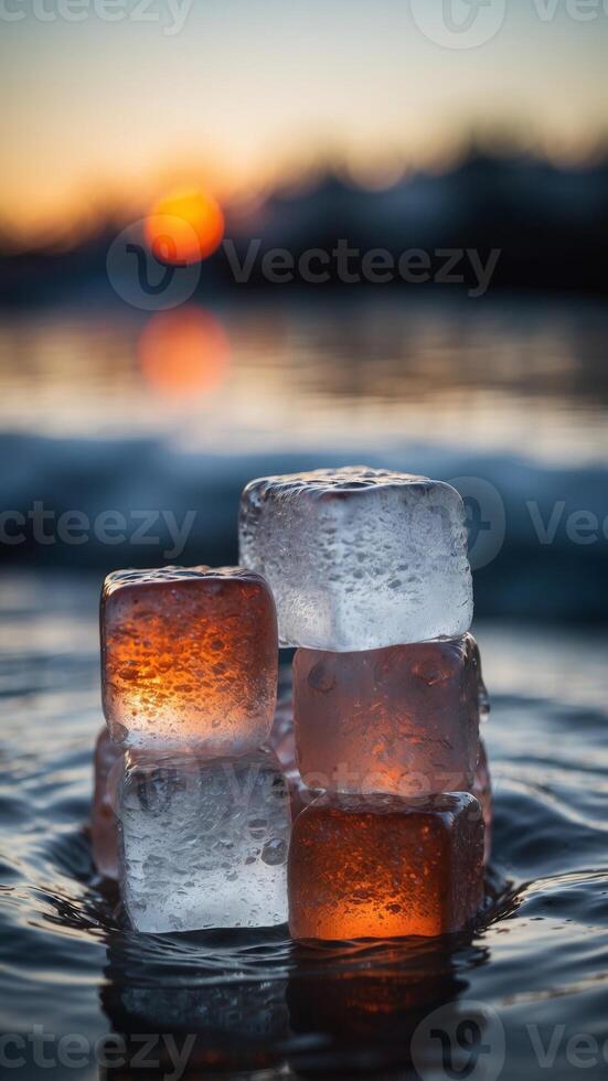 Close up of ice cubes in a cold ice bath plunge pool. photo