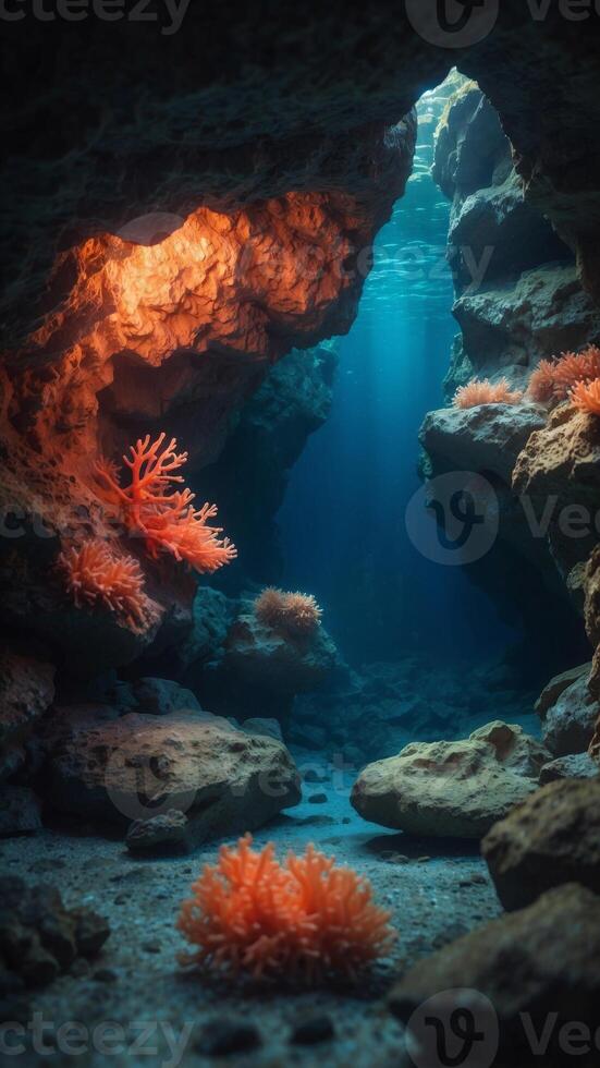 An underwater cave with glowing coral, and a clear, illuminated stone at the center. photo