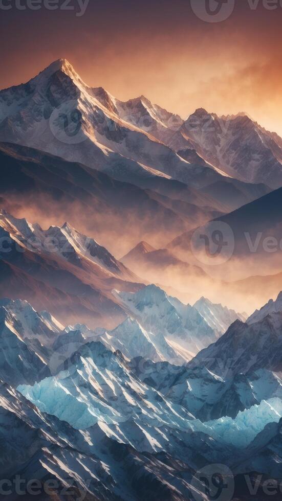A mountain range where the peaks are made of ice and the valleys are filled with light. photo
