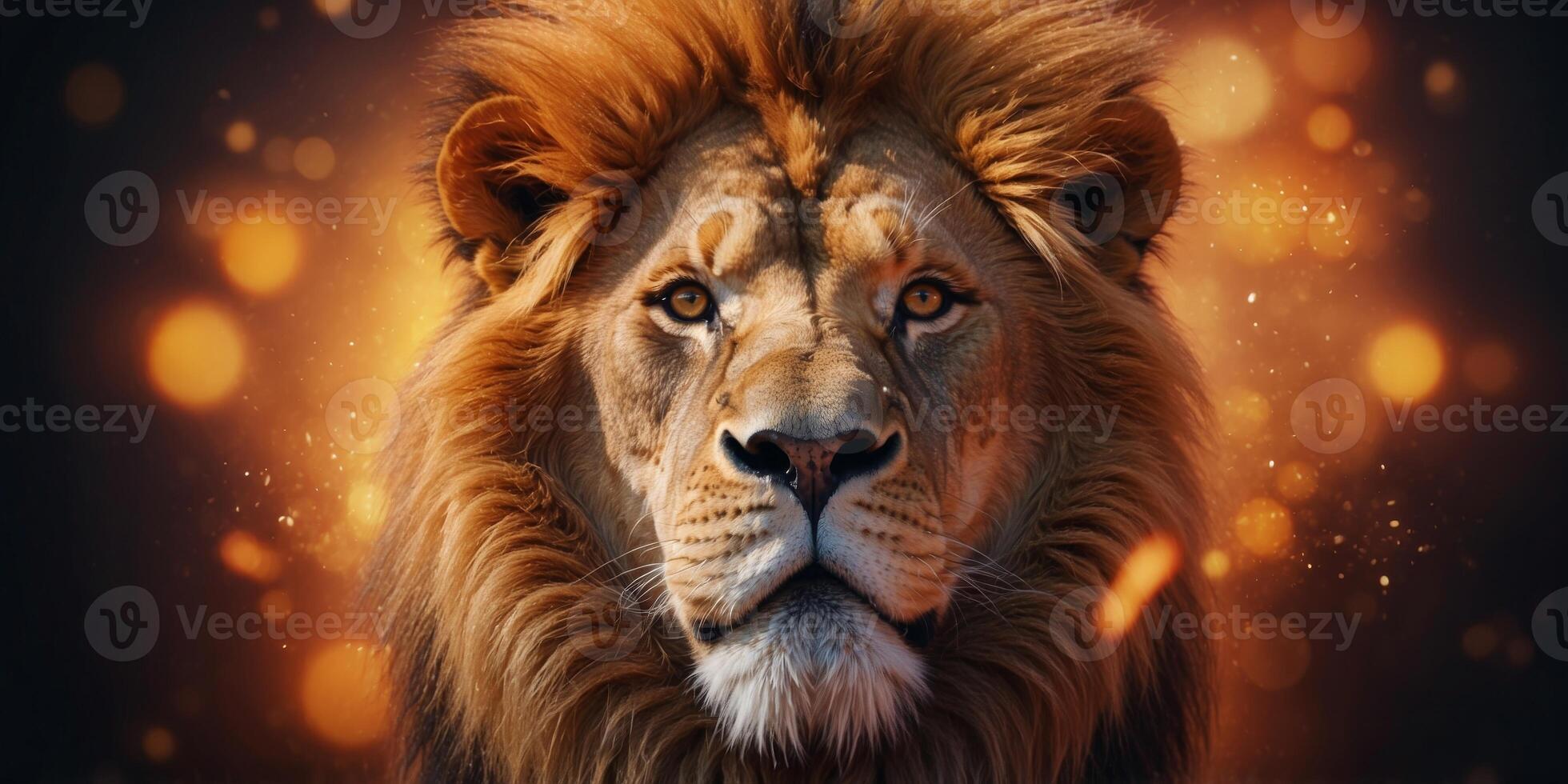 Fierce Flaming Polygonal Lion in Geometric Art Style. photo