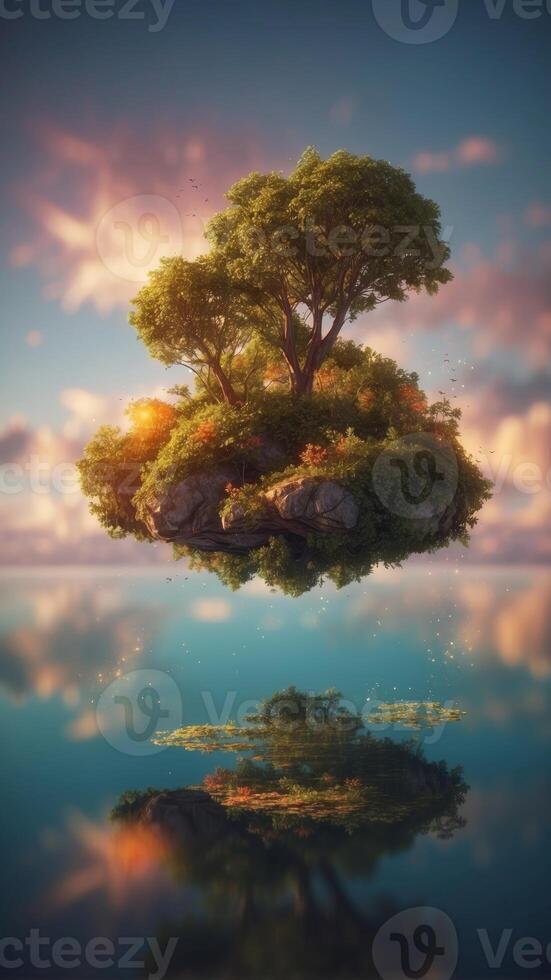 A floating island where the plants hum with energy and the sky is filled with glowing clouds. photo