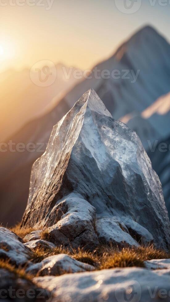 A mountain range where the peaks are made of ice and the valleys are filled with light. photo