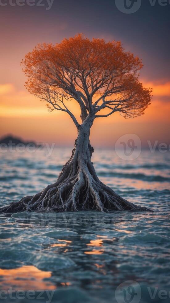 A tree whose roots glow like lava, growing in the middle of a frozen ocean. photo