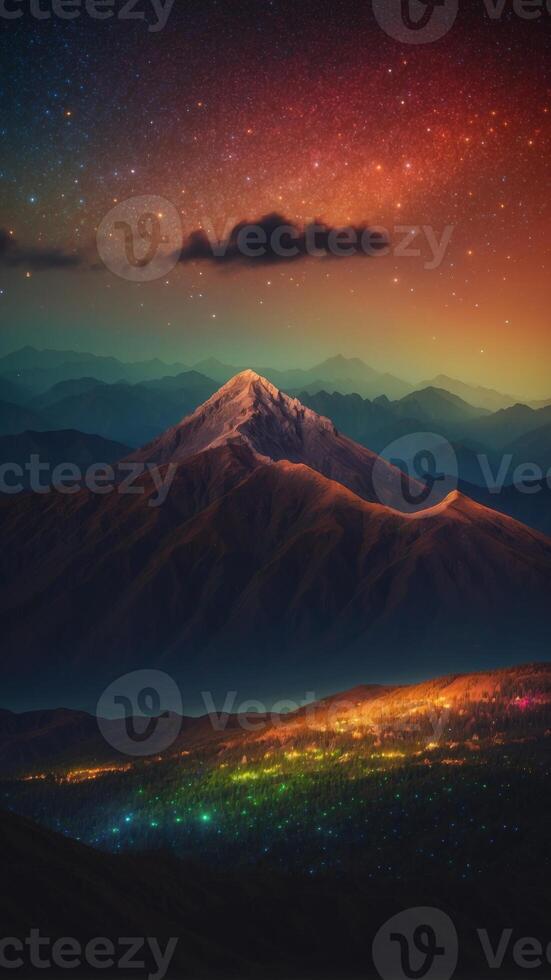 A starry sky where each star is a different color, casting a rainbow of light onto a mountain range. photo