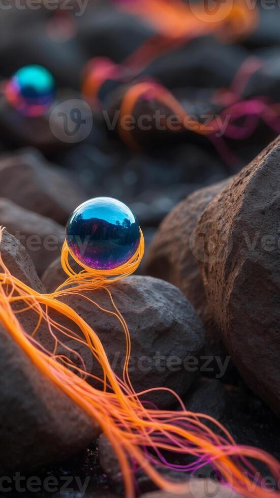 Neon vines growing on the surface of an alien planet, wrapping around floating rocks. photo