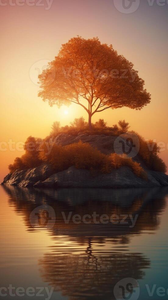 A floating island covered in vibrant, glowing foliage against the backdrop of a golden sunset. photo