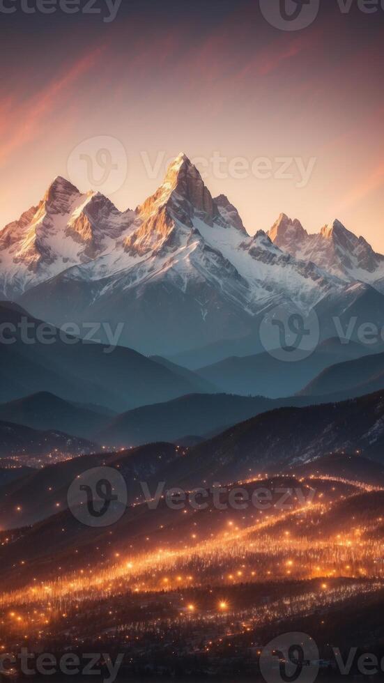 A mountain range where the peaks are made of glass and the valleys glow with an otherworldly light. photo
