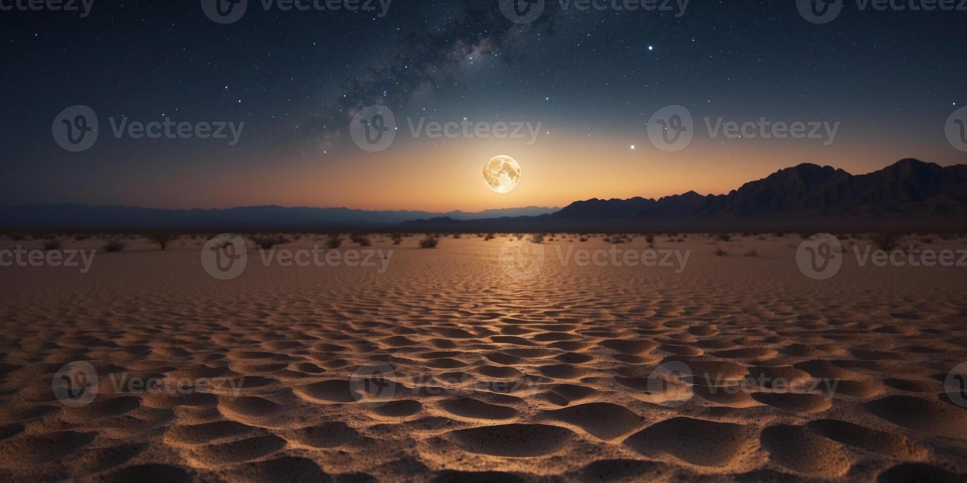 Golden Full Moon Rising Over Desert Landscape with Blue Nocturnal Sky and Starry Background Reflections in Desert Floor. photo