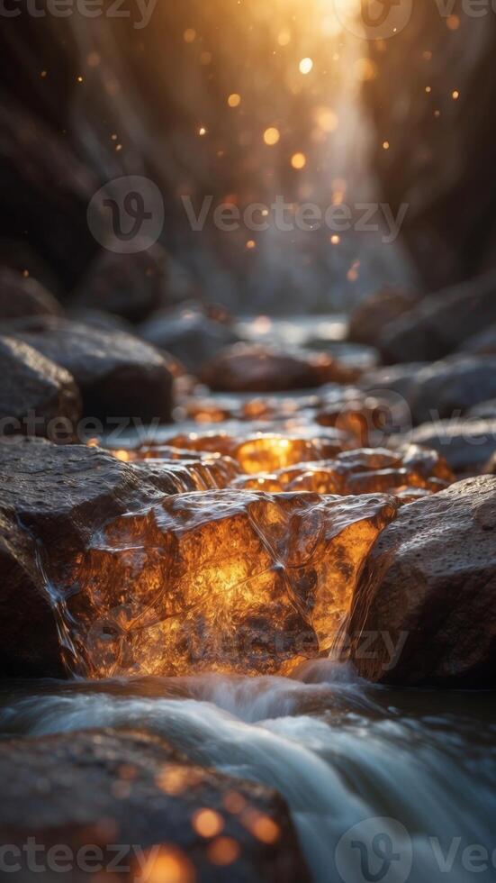 A river of liquid light flowing through a canyon of glowing crystals. photo