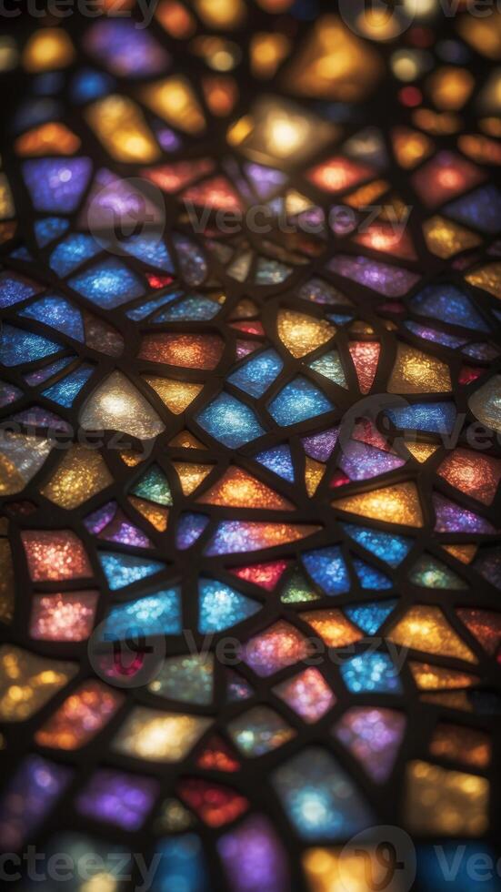 A kaleidoscope of stained glass patterns projected onto a floor from above. photo