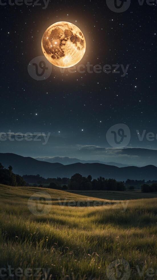 A night sky filled with bright constellations and a glowing full moon casting shadows on a meadow. photo