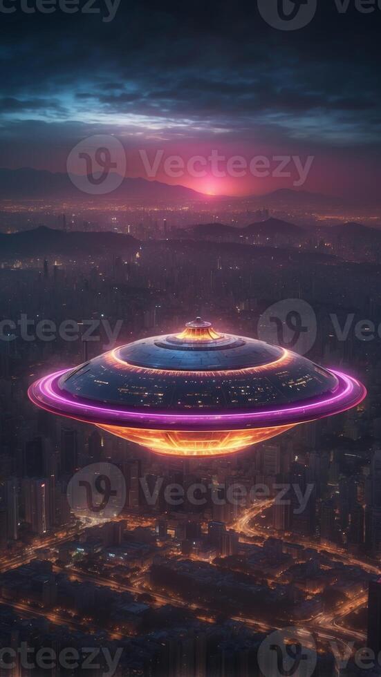 A colossal alien spaceship hovering above a neon-lit city on a distant planet. photo