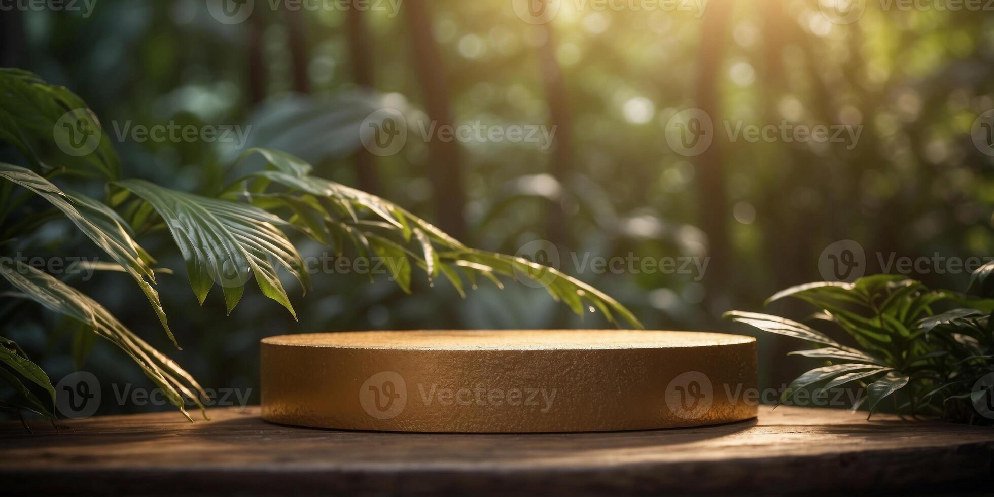 Golden podium in lush tropical jungle for product presentation and promotion with sunlight filtering through foliage. photo