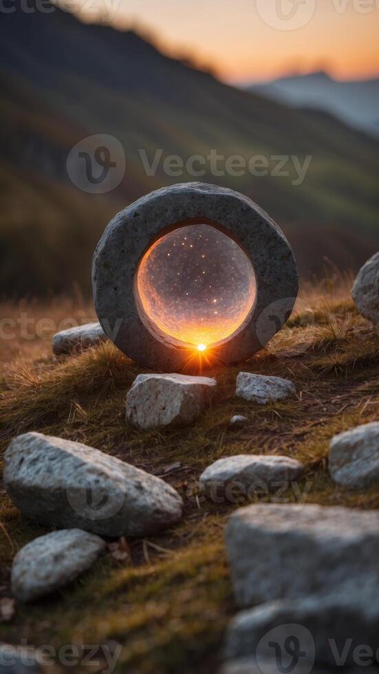 A stone circle on a mountaintop with a glowing central stone left empty. photo