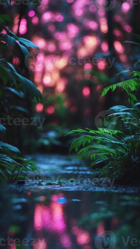 A surreal jungle landscape where the plants glow in neon green, blue, and pink. photo