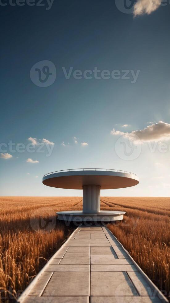 An empty floating platform above a field of futuristic crops under a bright sky. photo