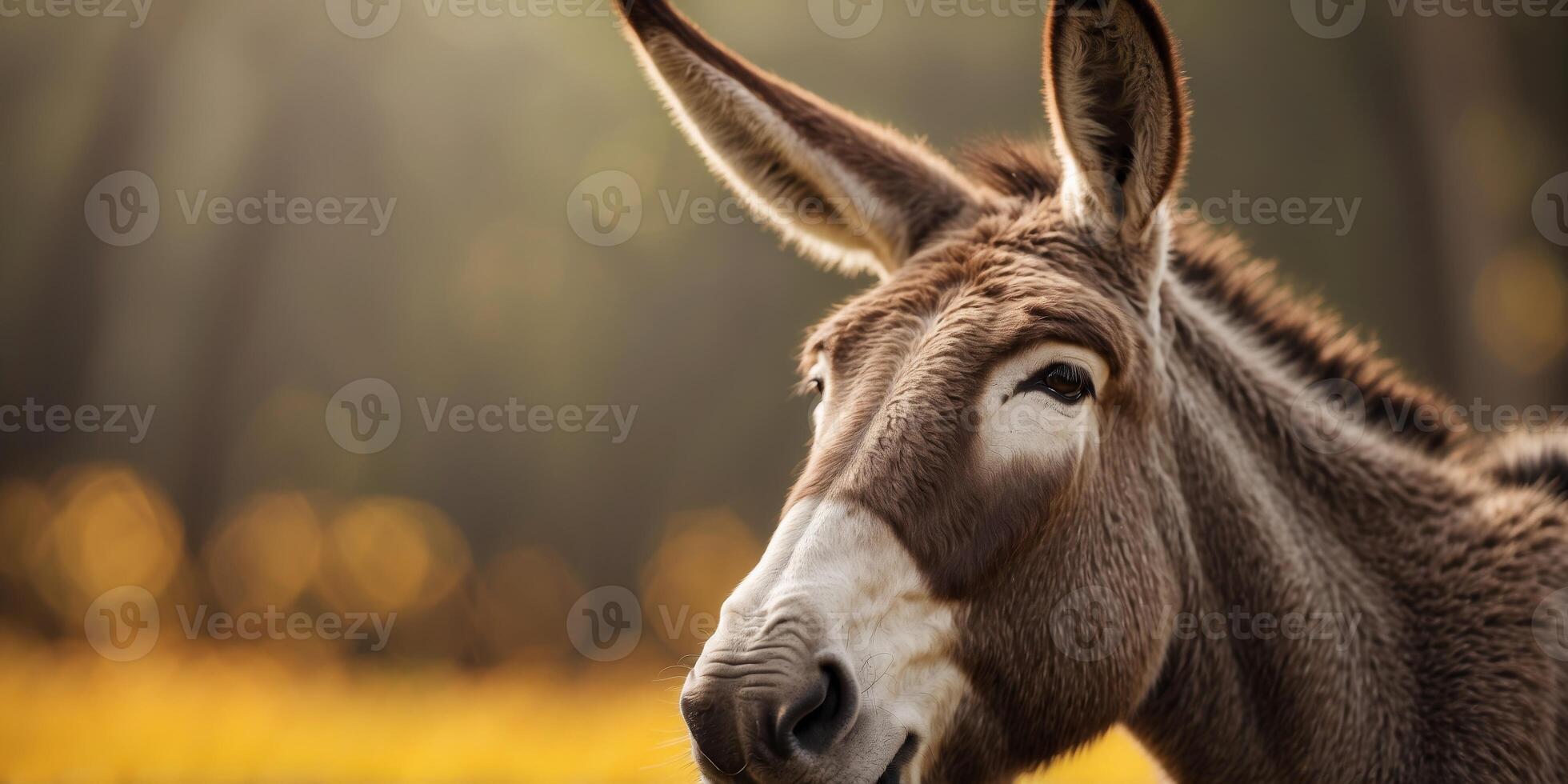 Donkey with funny expression on yellow background. photo