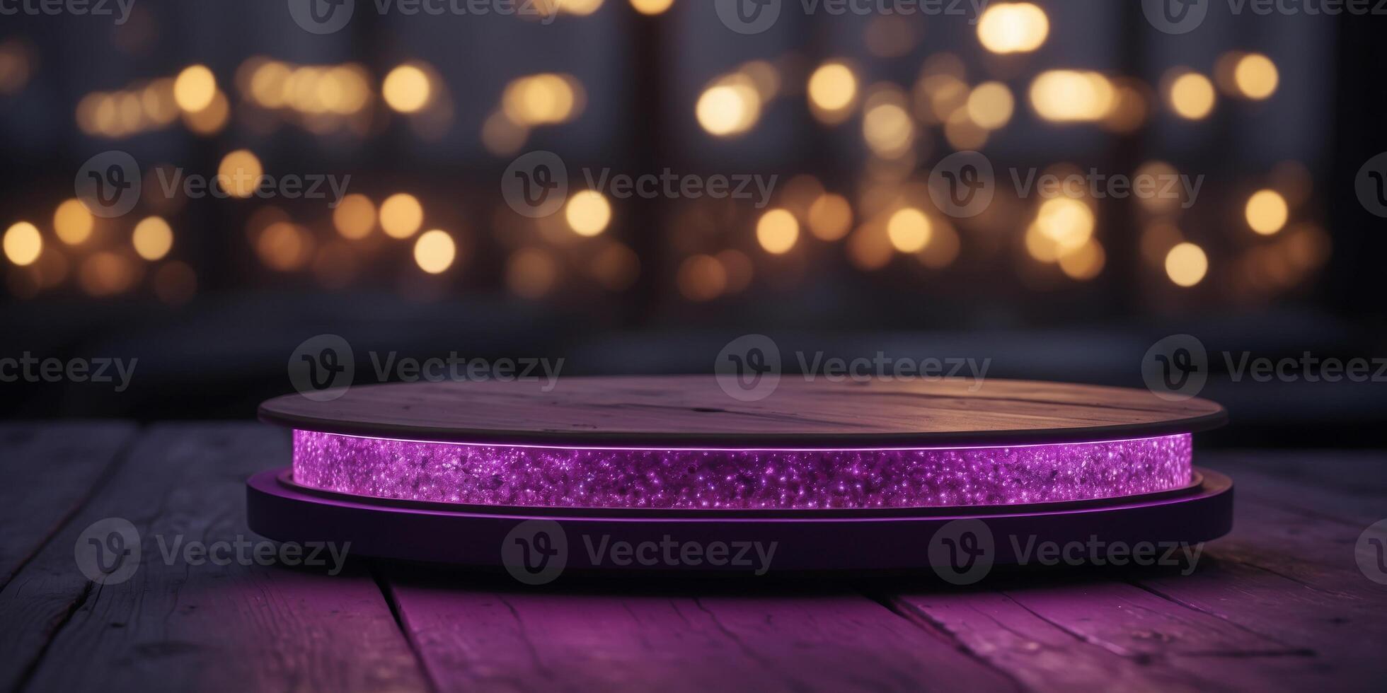 Circular Platform Illuminated by Five Purple Lights. photo