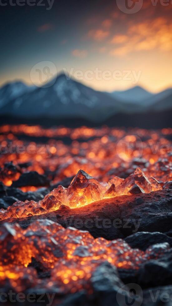 A mountain range with peaks made of ice and valleys of glowing lava. photo