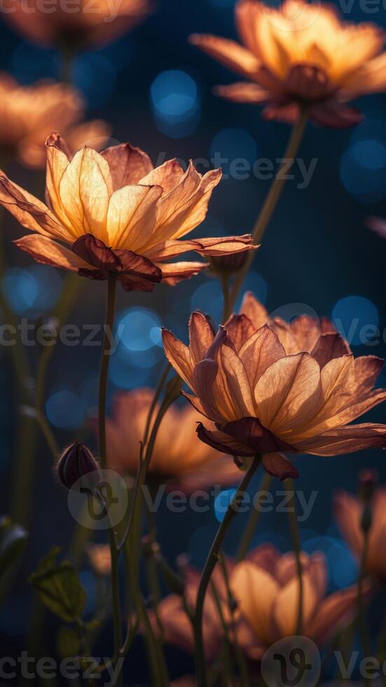 A field of giant flowers with petals made of stained glass, glowing in the moonlight. photo