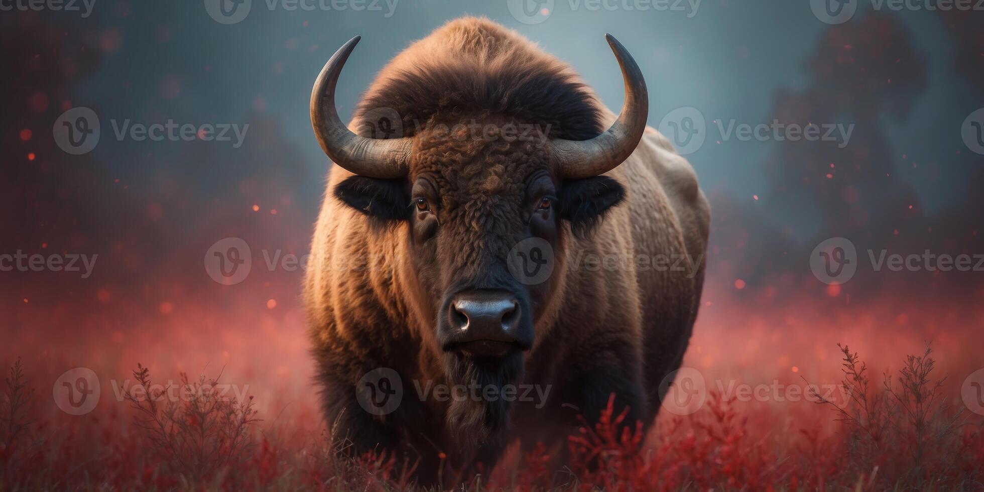 Buffalo with Intense Stare on Red Background. photo