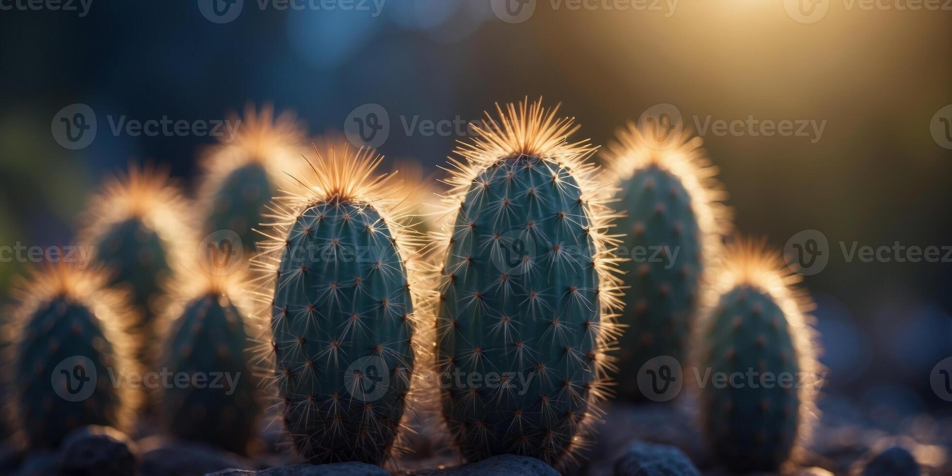 Glowing cactus close up with spikes and blue light. photo