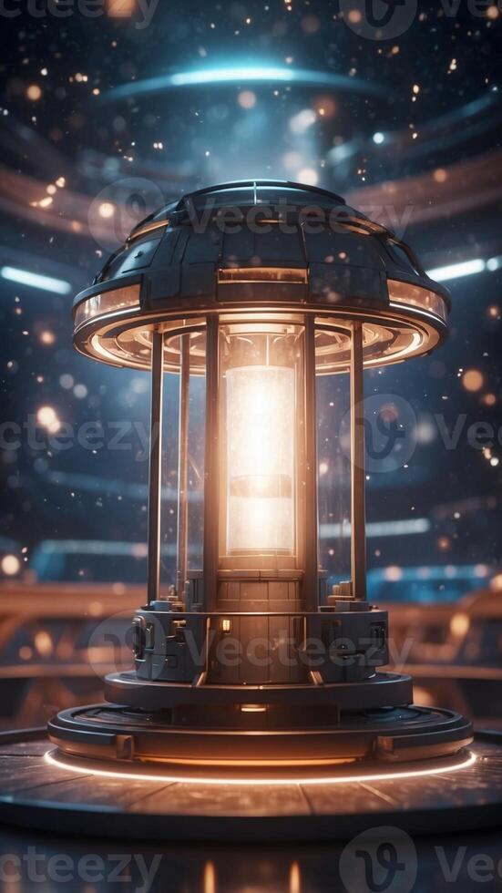 A space station observation deck, with a glowing pedestal surrounded by stars. photo
