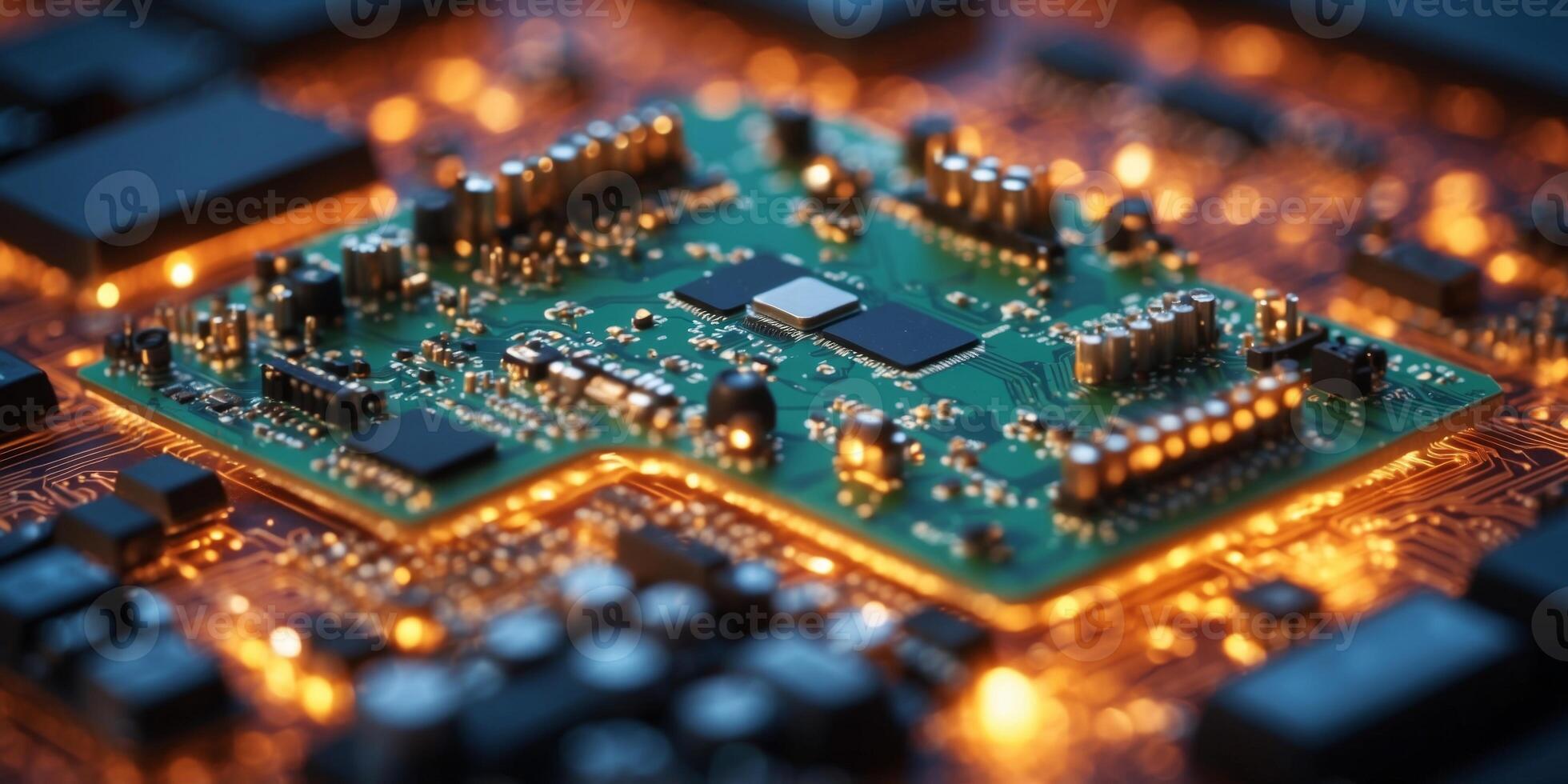 Advanced Circuit Board Hosting Microchip and Electronic Components Signifying Technological Evolution in Computing and Data Processing. photo