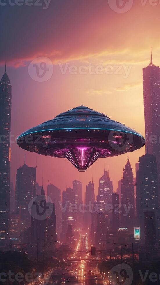 A colossal alien spaceship hovering above a neon-lit city on a distant planet. photo
