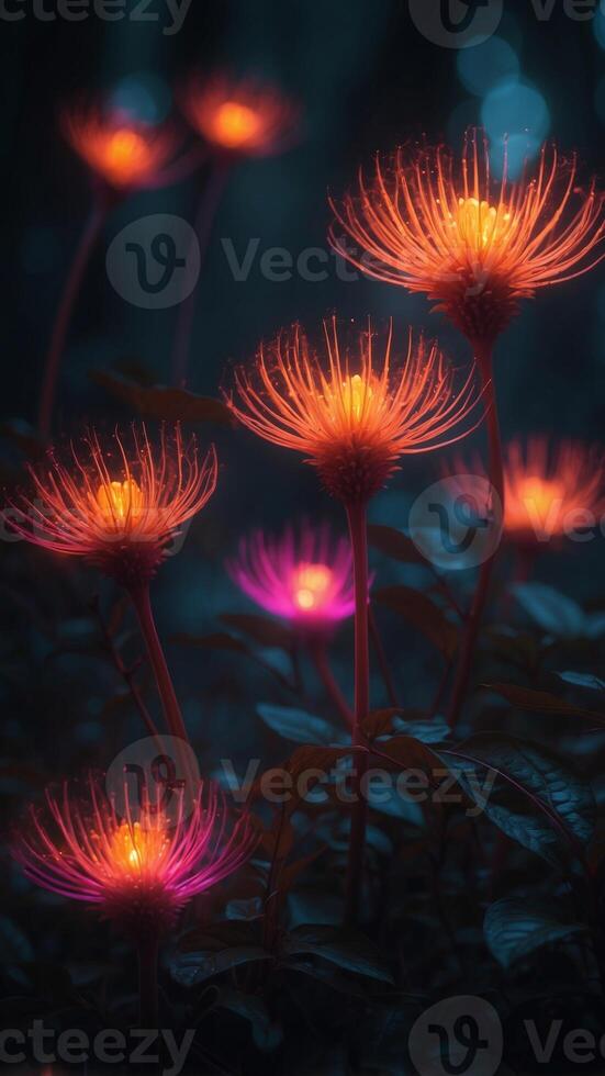 Alien plants with neon leaves glowing in the darkness of an alien forest. photo