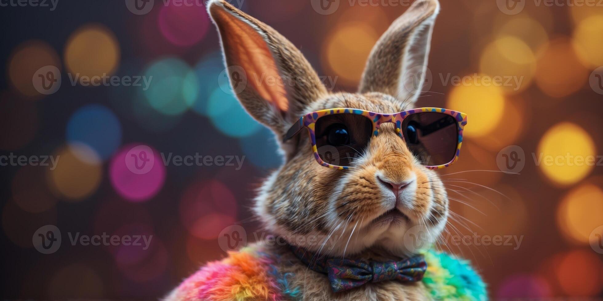 A rabbit wearing sunglasses poses in front of colorful background. photo