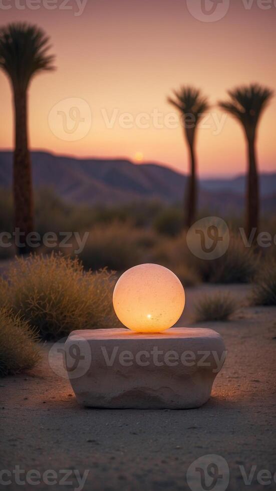 A desert oasis at twilight with an empty stone pedestal glowing softly. photo