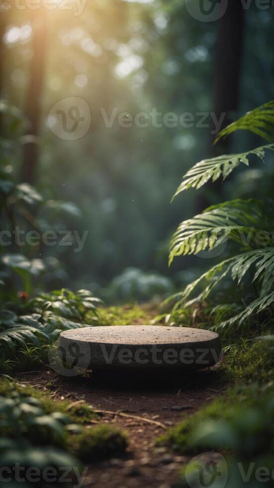 An empty floating pedestal in the middle of a lush, alien jungle. photo