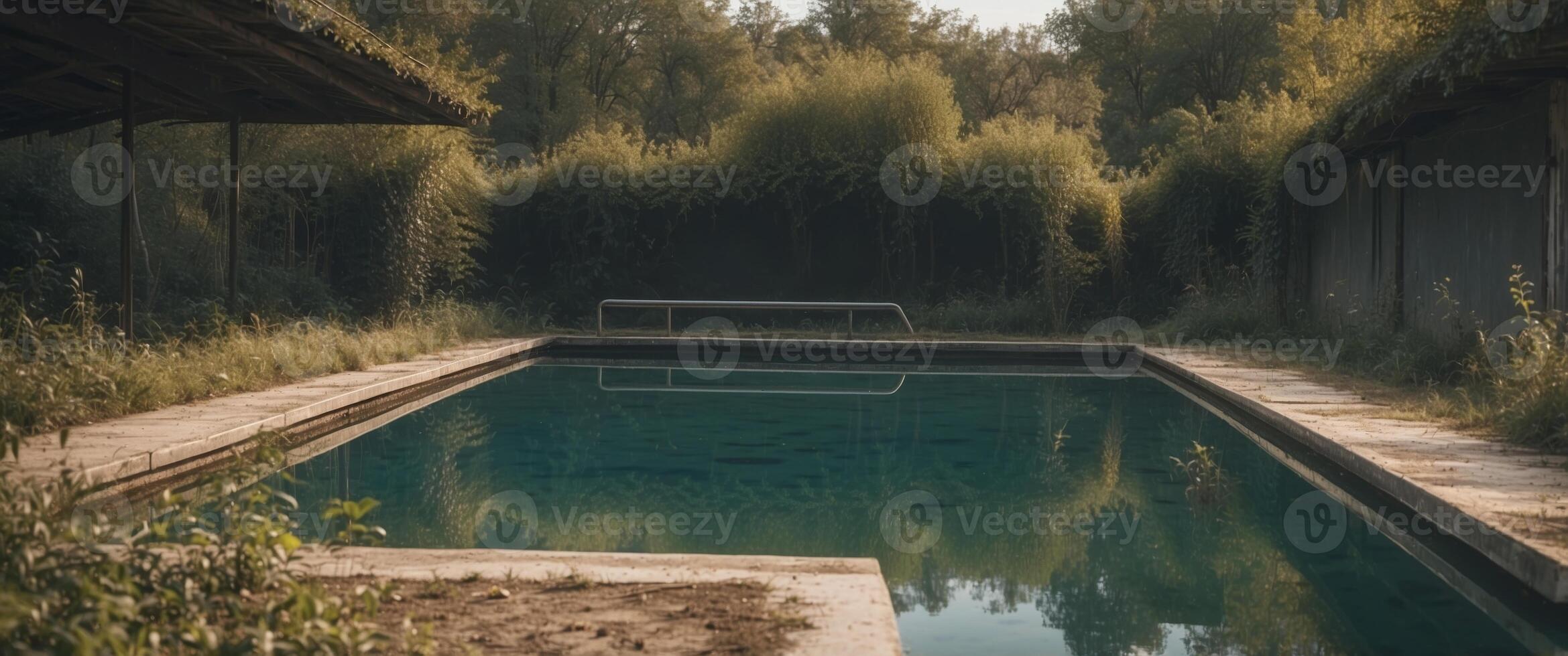 Abandoned Outdoor Swimming Pool with Overgrown Vegetation - Liminal Image. photo