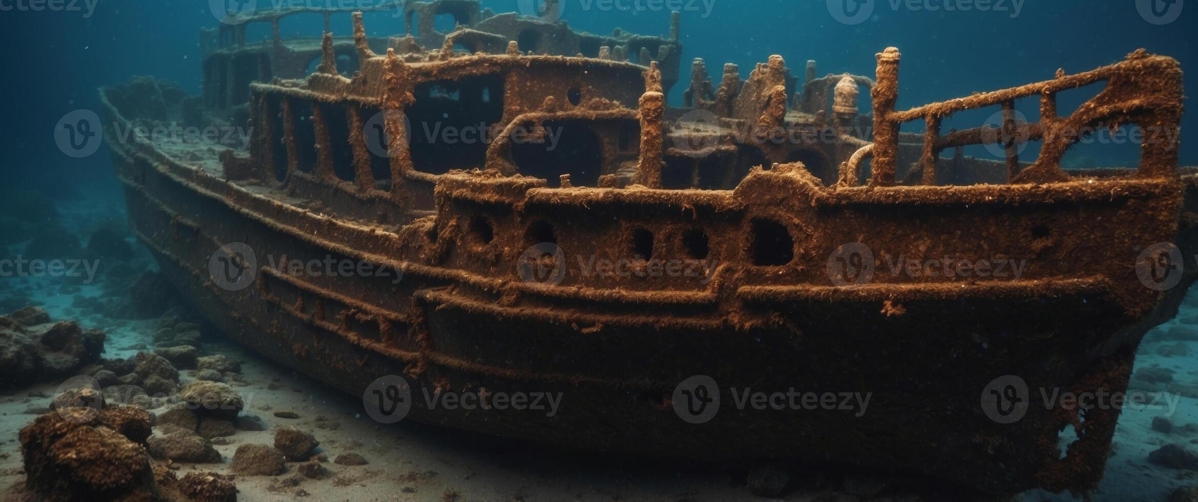 amazing rusty sunken ship under the sea in the depths. photo