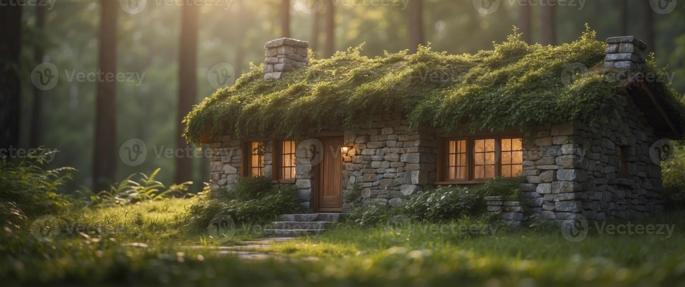 A Stone Cottage Nestled in a Lush Green Forest. photo