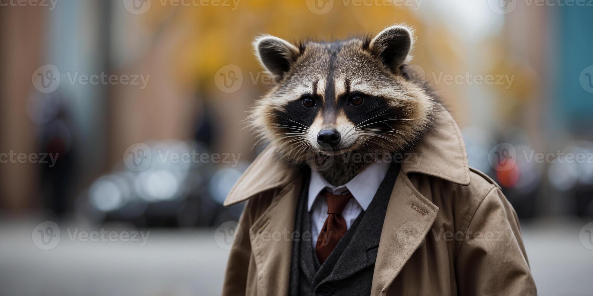Raccoon dressed in a detective trench coat. photo