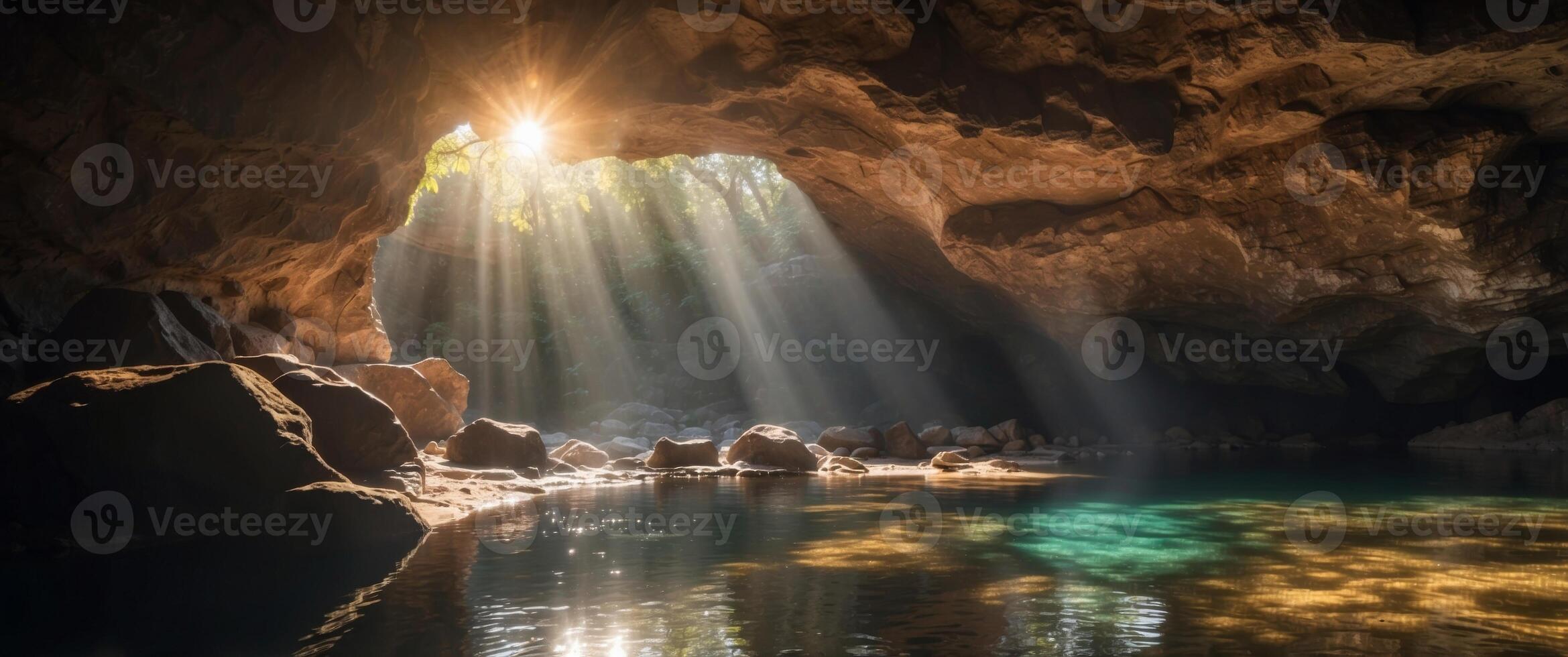 beautiful hidden cave with a small pool of water and a ray of sun entering in high resolution and quality. photo