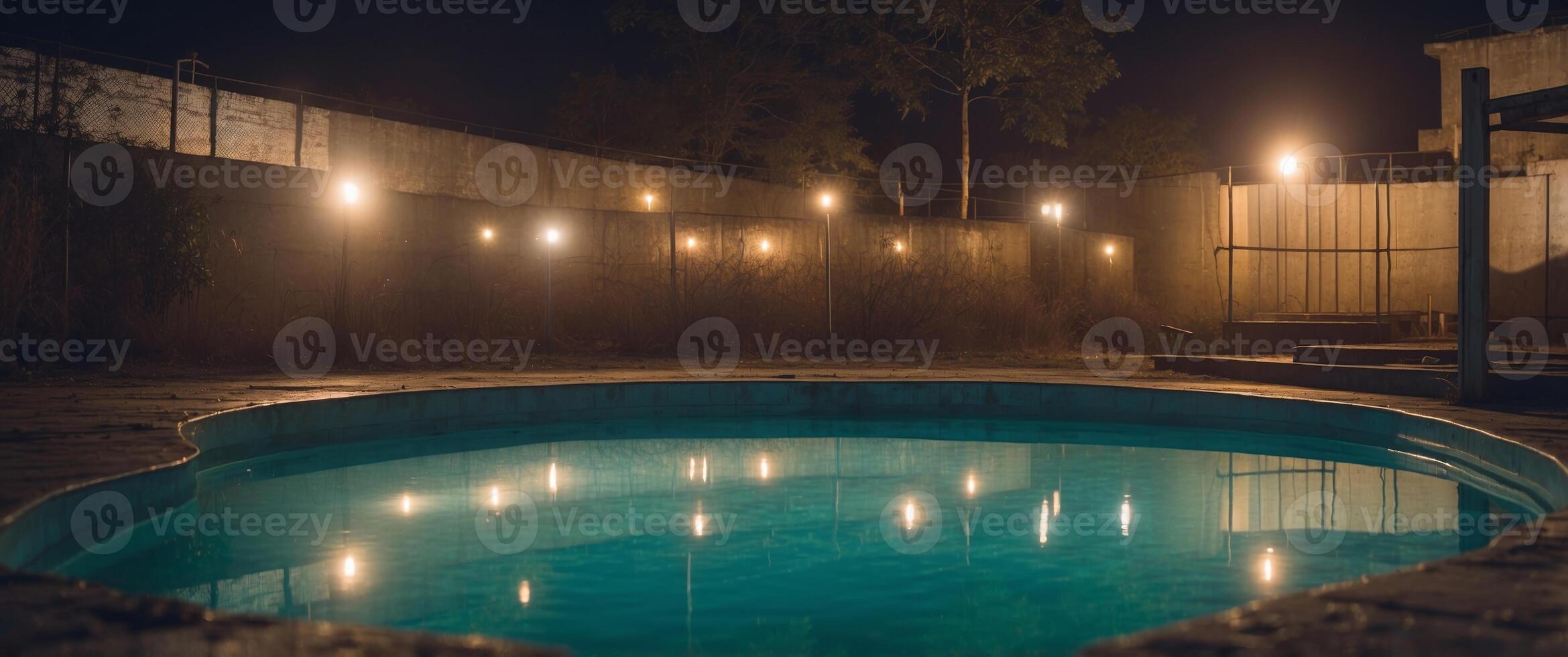 Abandoned Swimming Pool at Night with Moon Reflection - Liminal Image. photo