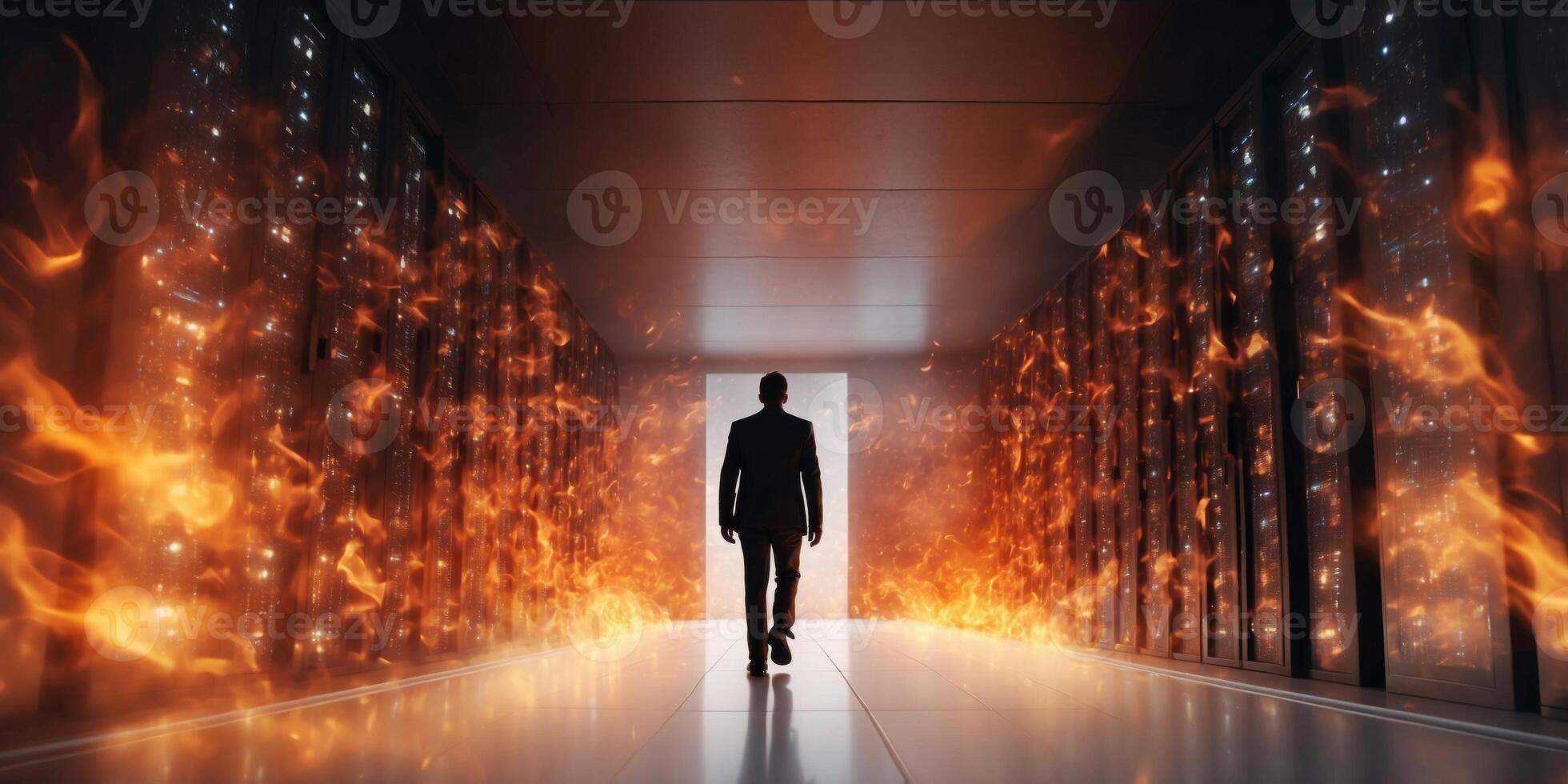 Silhouetted figure walking through a fiery data center symbolizing the intense energy power and dramatic potential of modern digital infrastructures. photo