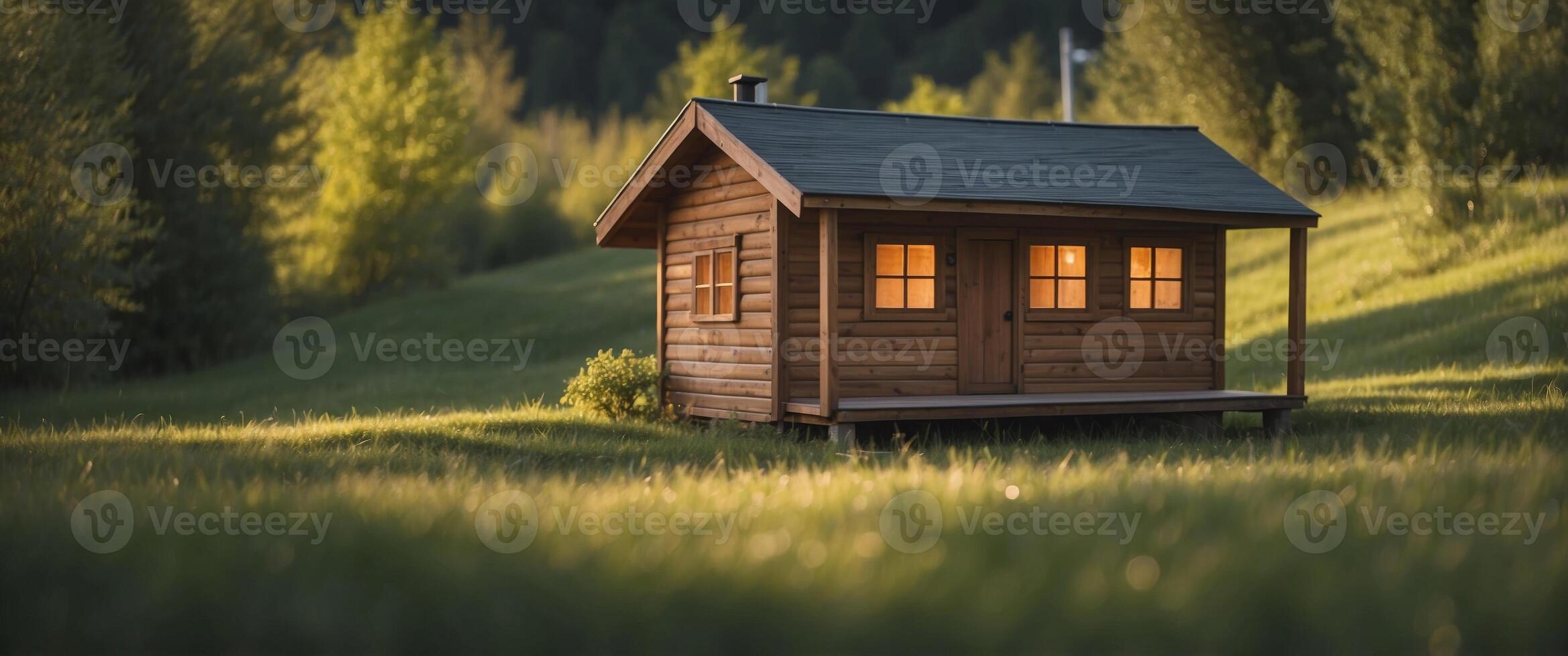 A small wooden cabin sits in a lush green field. photo