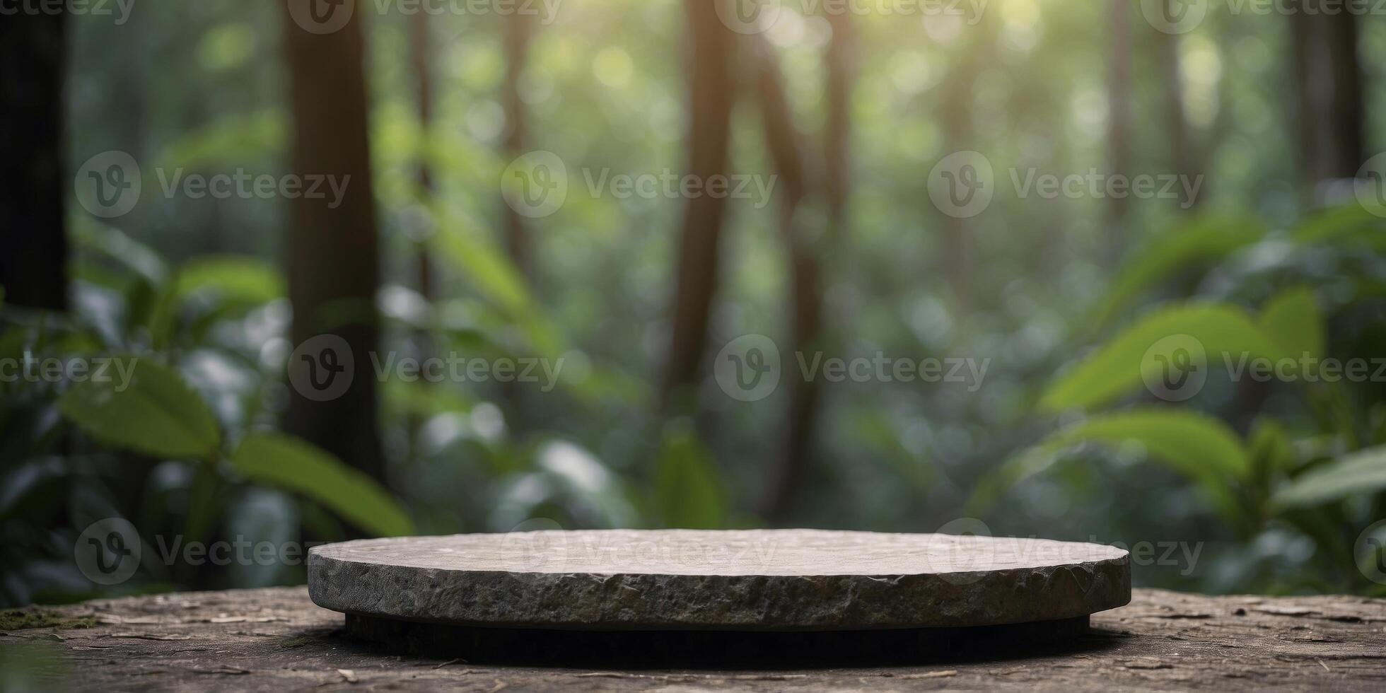 Stone platform pedestal in tropical forest for product presentation in a green forest. photo