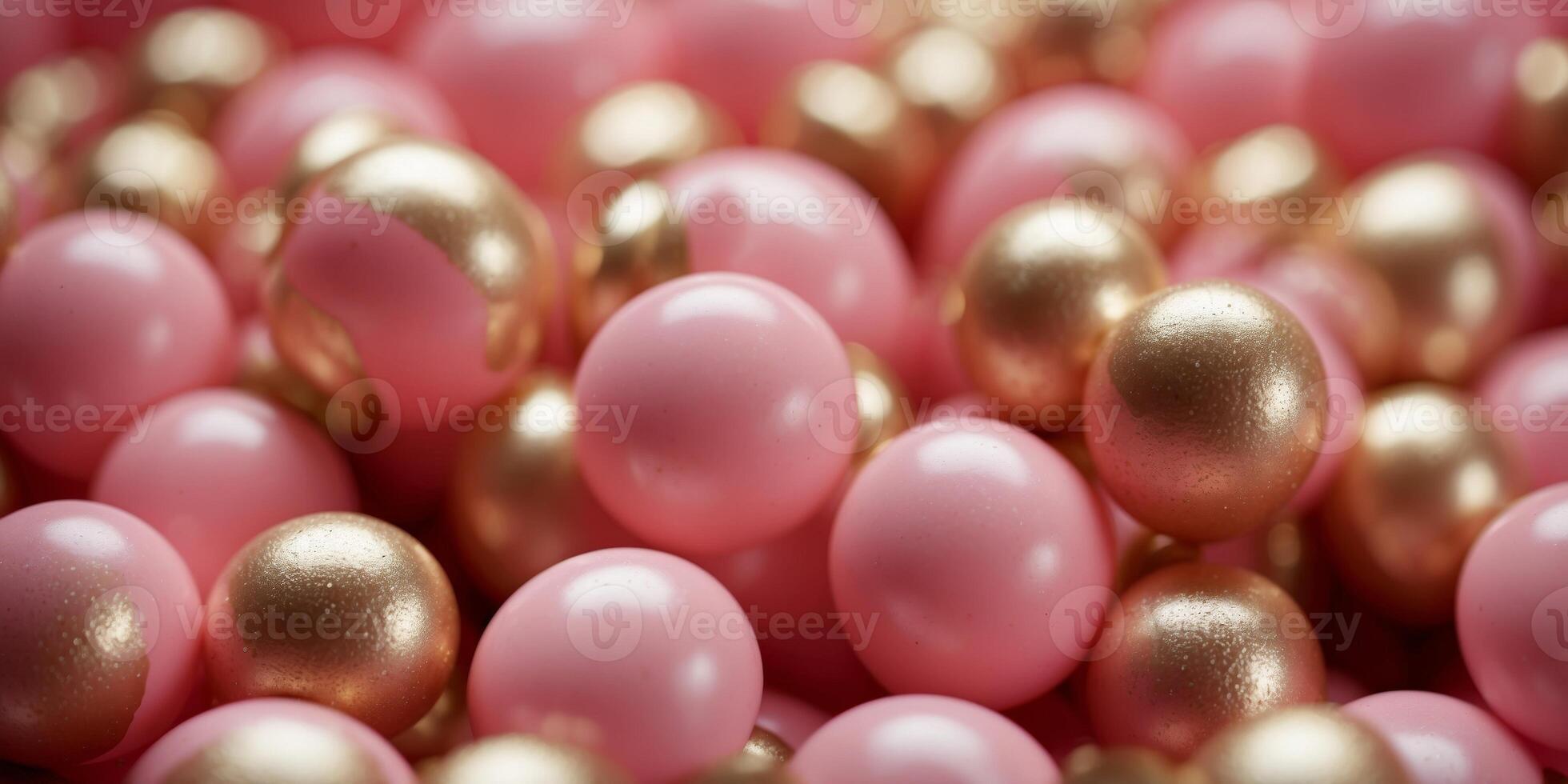 Pink balloons with golden hearts on the pink background. photo